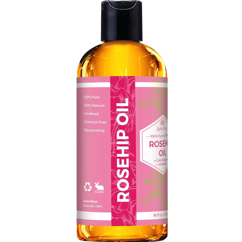 Close-up of Leven Rose packaging highlights unrefined cold-pressed formula
