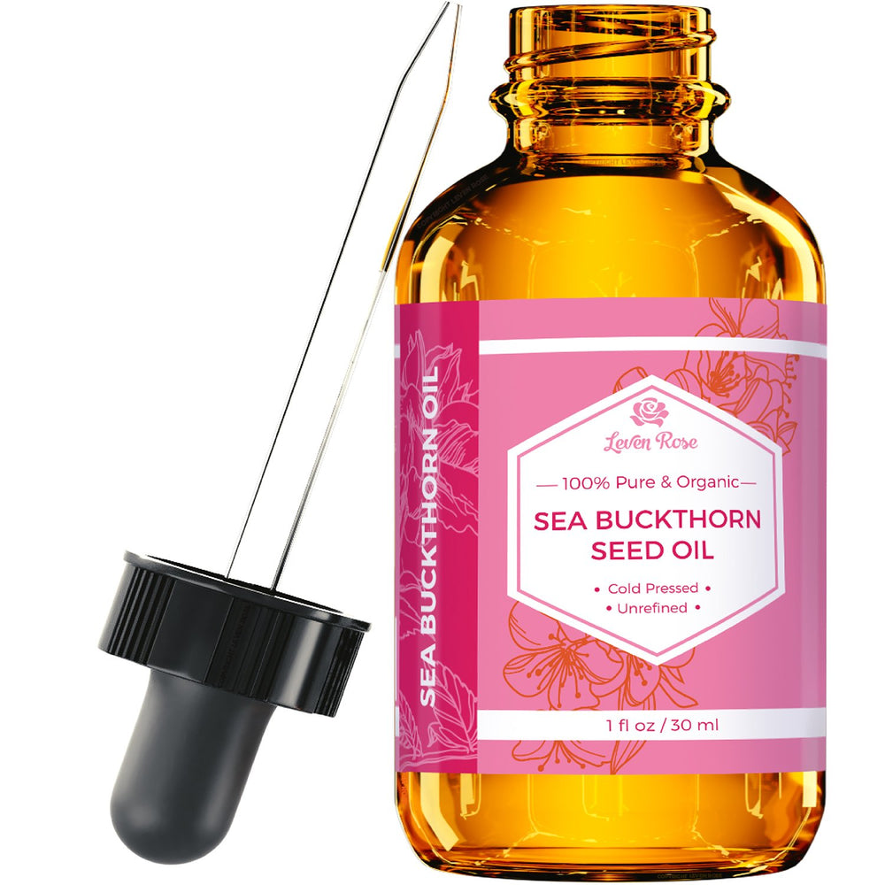 Leven Rose Sea Buckthorn Oil bottle showing pure, hydrating formula.