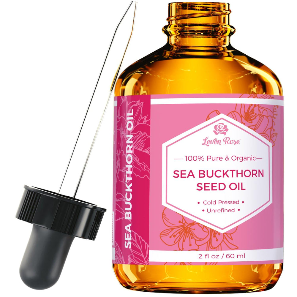 Leven Rose Sea Buckthorn Seed Oil in amber bottle for pure skin and hair nourishment