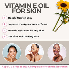 Closeup of Leven Rose Vitamin E oil bottle with rich golden oil.