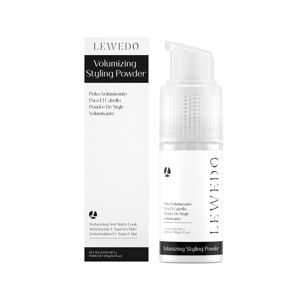 Lewedo volumizing powder bottle shows natural volume for all hair types.