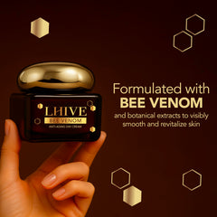 LHIVE bee venom cream texture close-up highlights quick-absorbing formula.