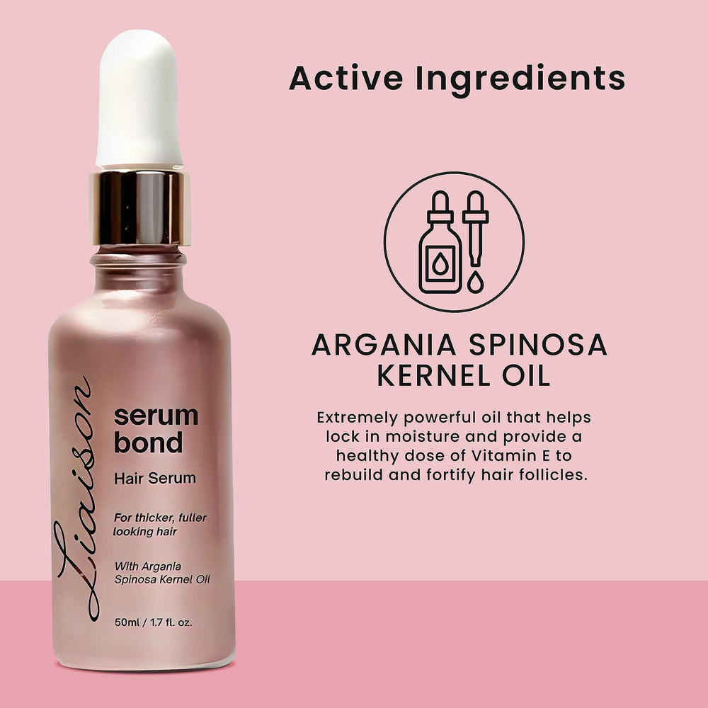 Liaison Serum on vanity, part of daily hair care routine.