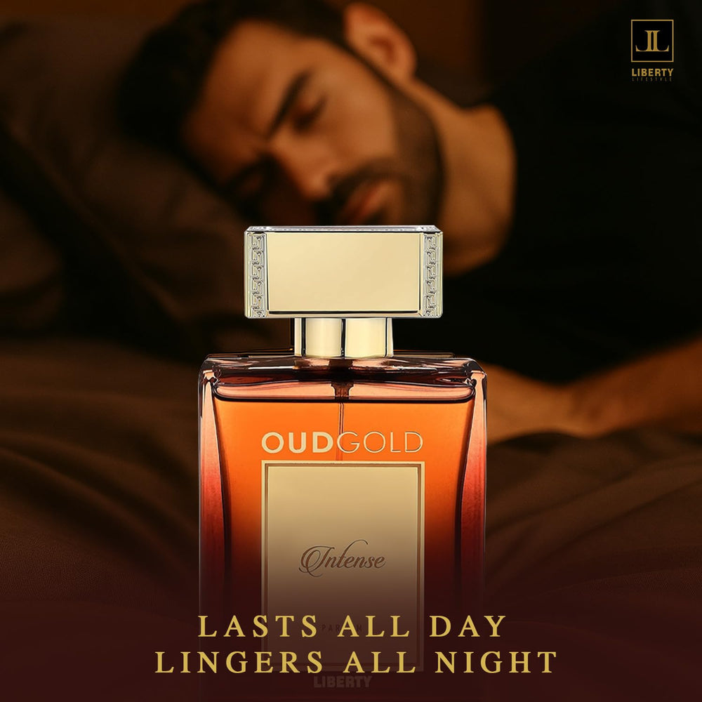 Liberty OudGold Intense bottle-angle showcases premium bottle design