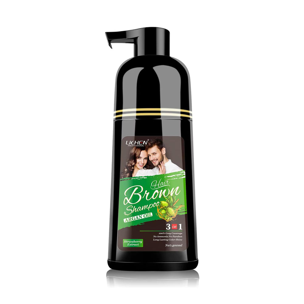 Lichen Professional hair dye shampoo bottle shows 400ml size for quick grey coverage.