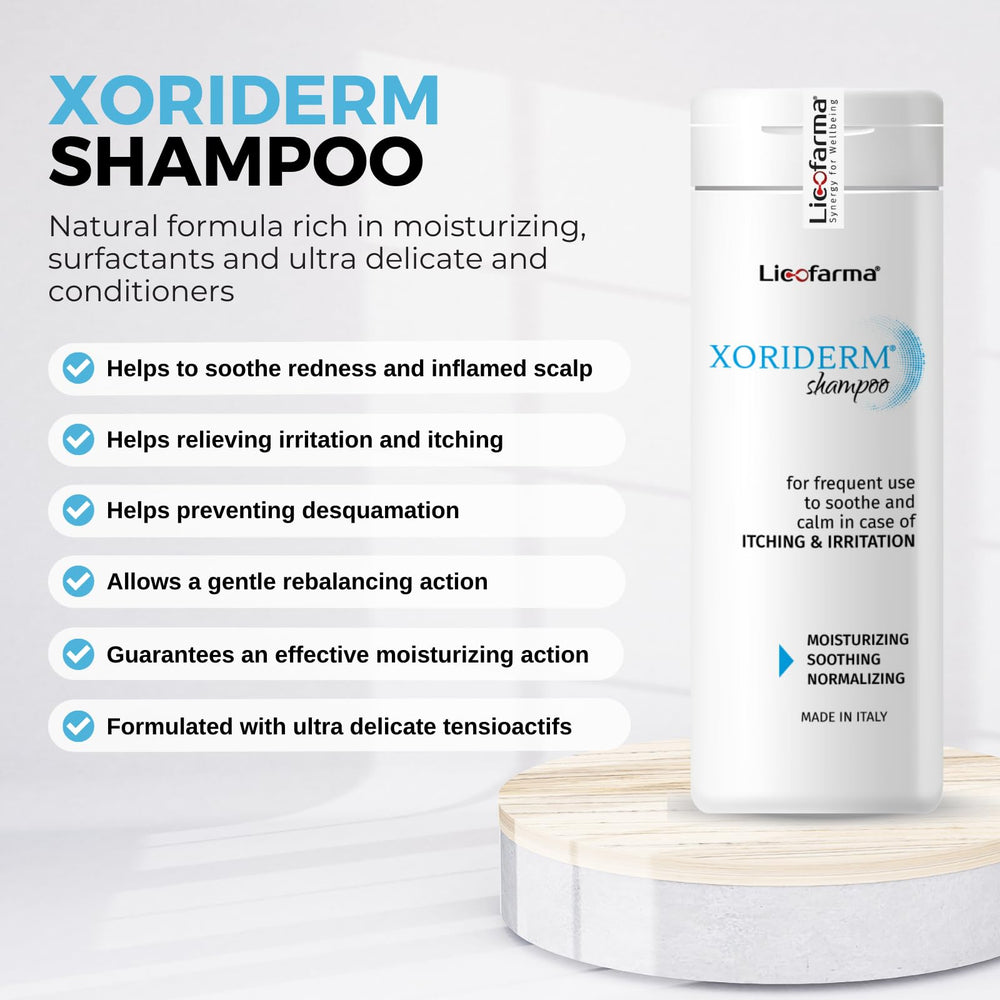 Licofarma Xoriderm Shampoo application on hair and scalp for daily cleansing.