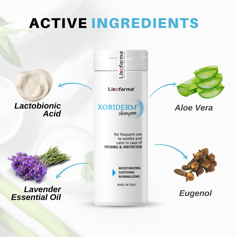 Licofarma Xoriderm Shampoo packaging highlights Made in Italy quality.