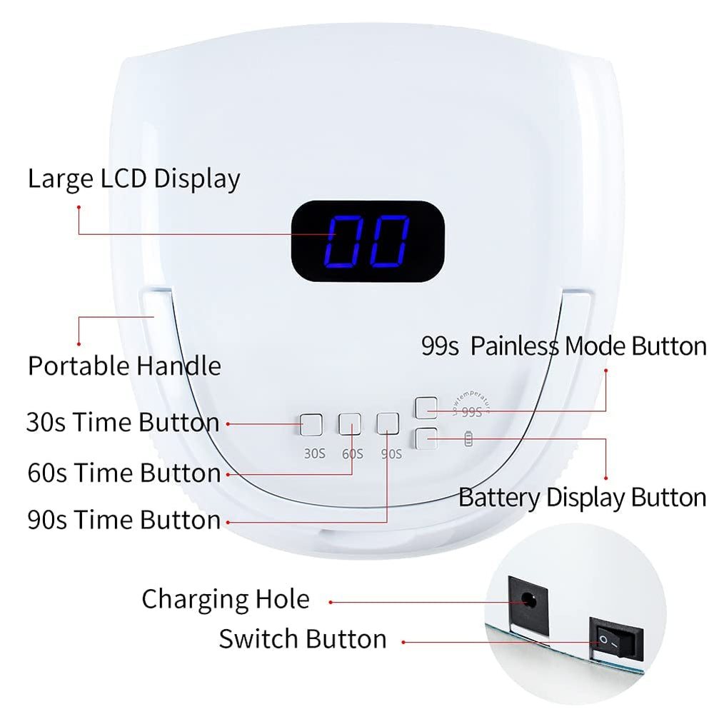 Liddy Art Nail Lamp 60W rechargeable with portable handle for travel.
