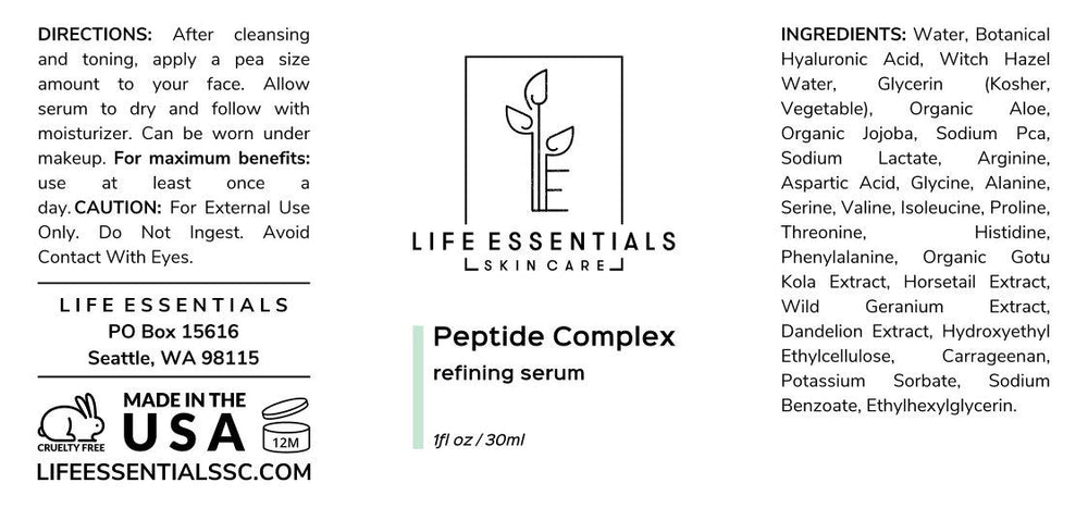 Life Essentials Skin Care Peptide Complex Serum packaging highlights eco-friendly design
