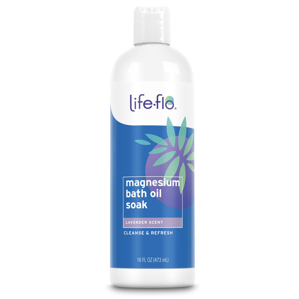 Life-flo Magnesium Oil Bath Soak Lavender bottle pour for calming aromatherapy.