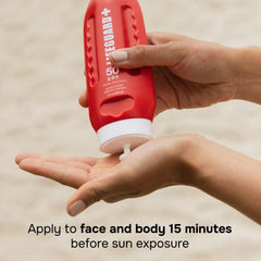 LIFEGUARD SPF 50 lotion applied on skin while swimming or sweating