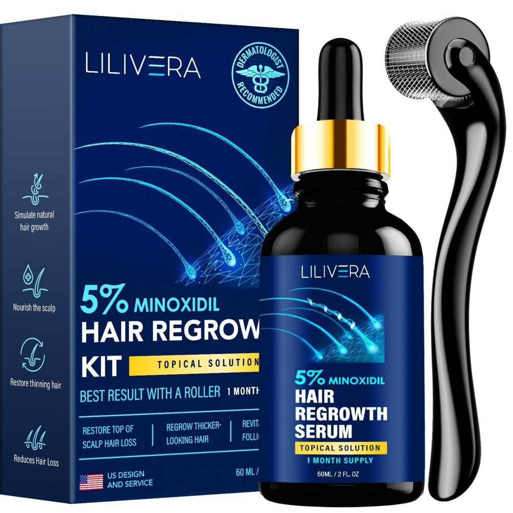 Lilivera 5% Minoxidil bottle pour demonstrates easy application for growth support.