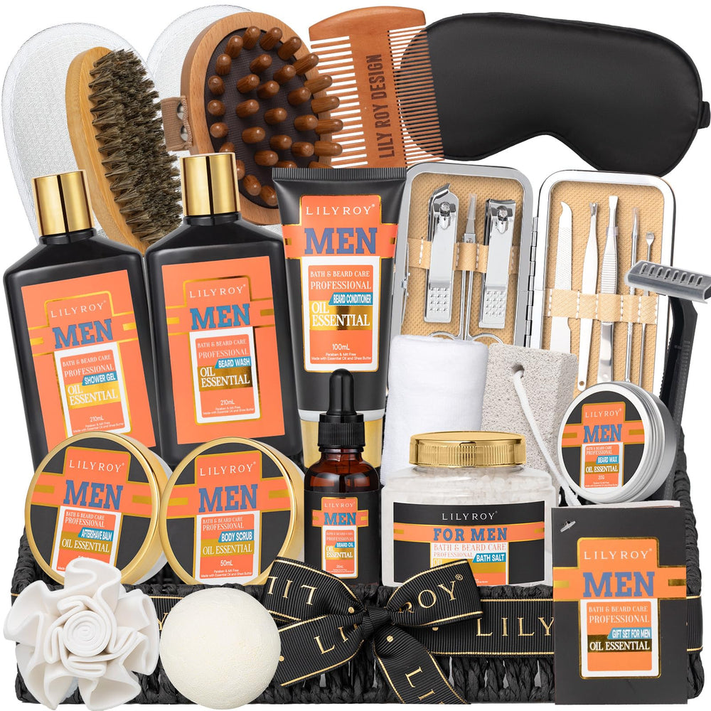 LILY ROY valentines spa gift basket for men with massager, ideal for at-home relaxation.