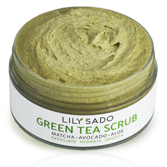 LILY SADO Matcha Made in Heaven sugar scrub bottle for gentle daily exfoliation.