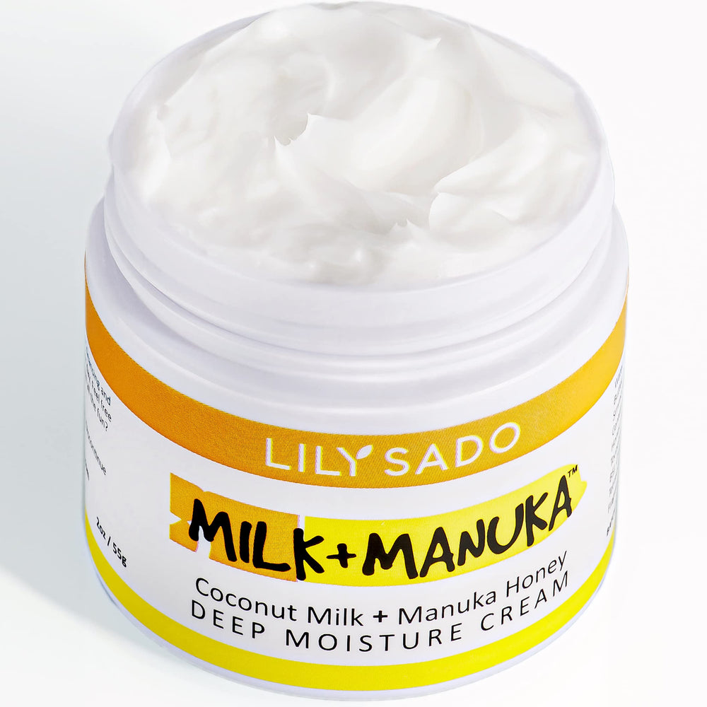 LILY SADO Milk+Manuka cream jar highlights coconut milk and cocoa butter for daily hydration.