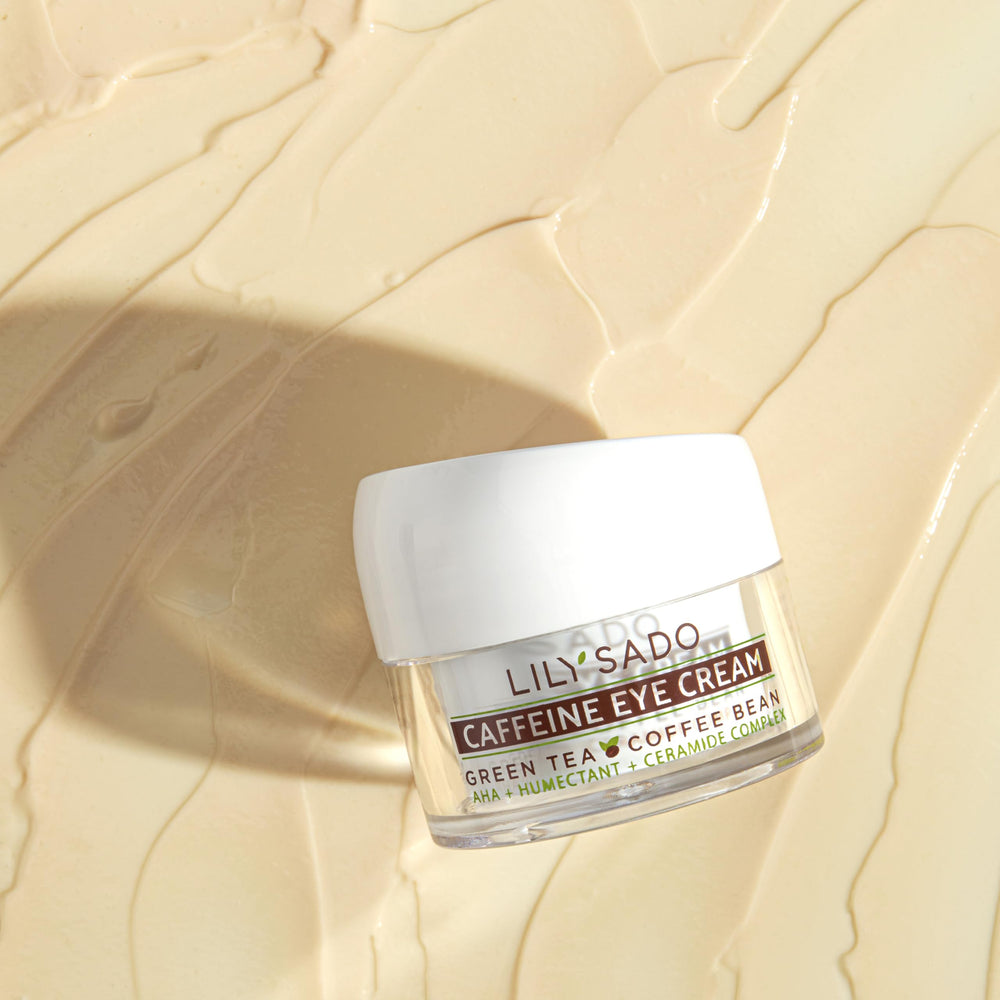 LILY SADO TEA+C eye cream vegan label emphasizing cruelty-free and paraben-free ingredients.