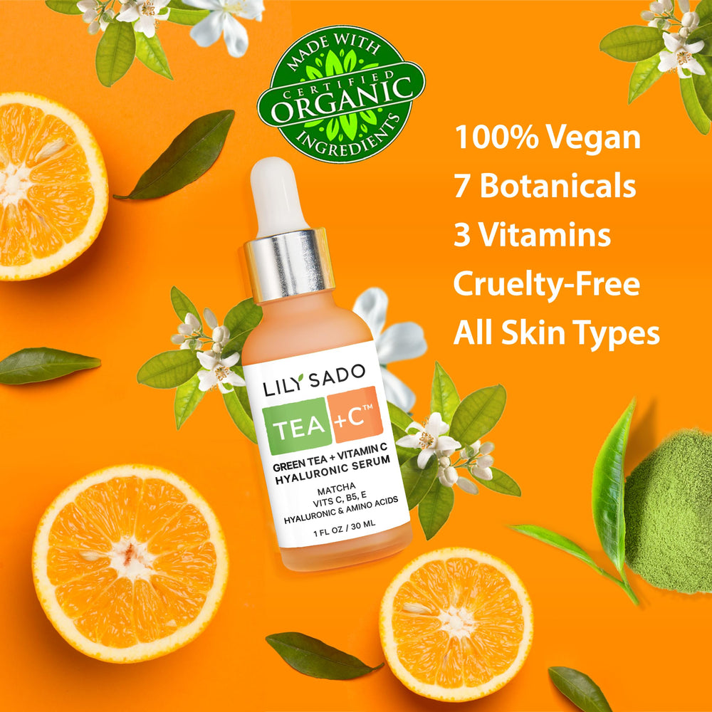 LILY SADO Tea+C bottle on natural wood background for vegan skincare