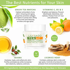 LILY SADO TEA+C moisturizer with green tea leaves highlighting antioxidants