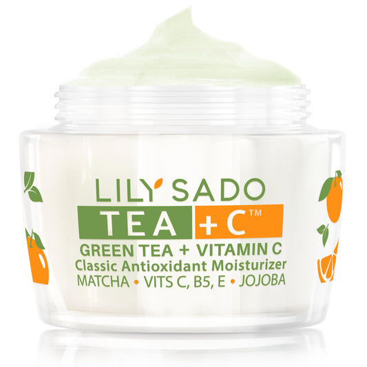 LILY SADO TEA+C moisturizer bottle shown for daily hydration and glow