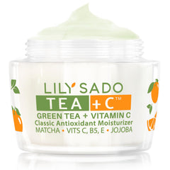 LILY SADO TEA+C moisturizer bottle shown for daily hydration and glow