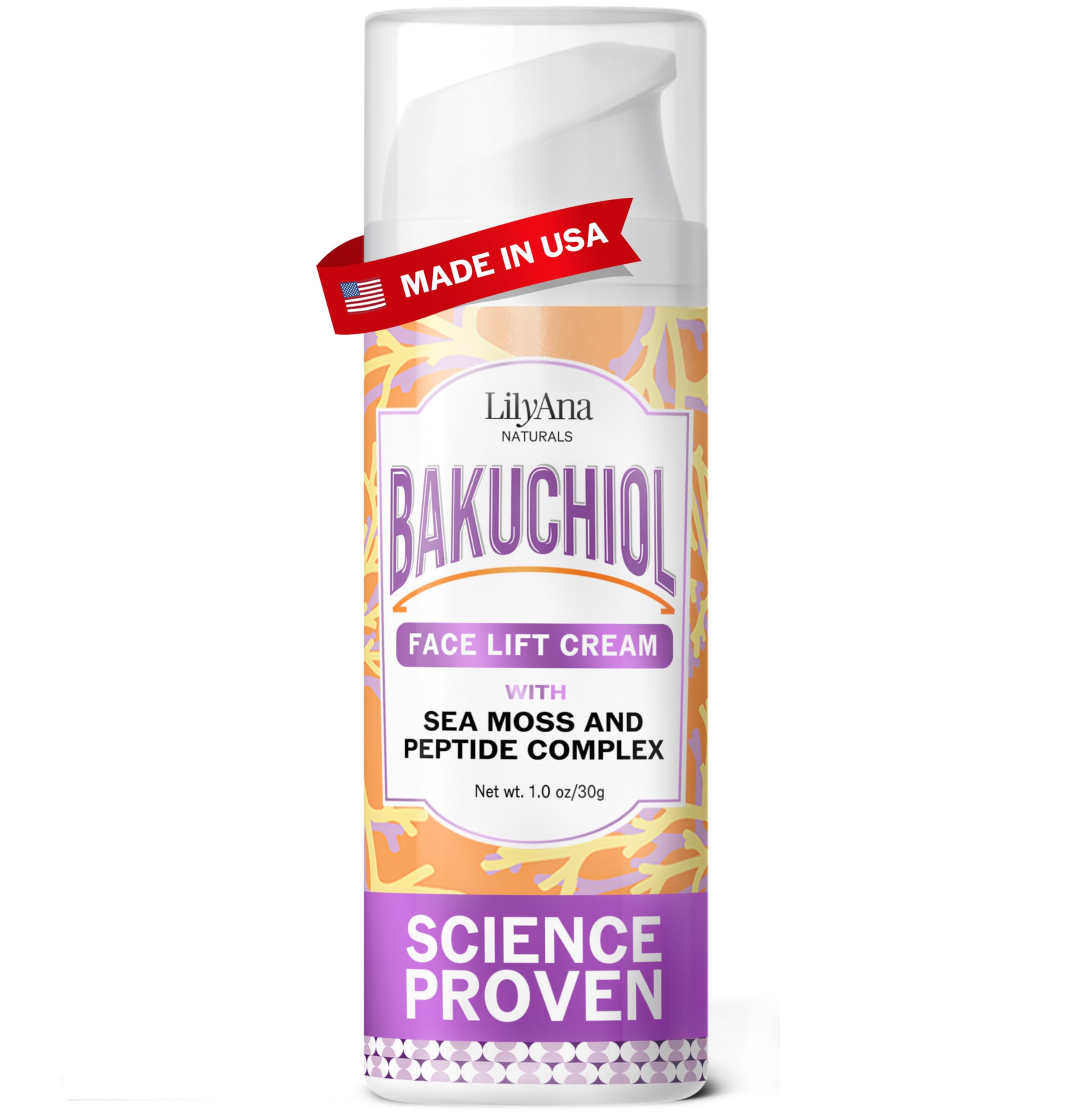LilyAna Naturals Bakuchiol Face Lift Cream bottle showing firming and hydration benefits