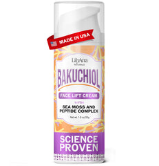 LilyAna Naturals Bakuchiol Face Lift Cream bottle showing firming and hydration benefits