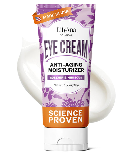 LilyAna Naturals Eye Cream jar close-up, highlighting hydration for delicate under-eye skin.