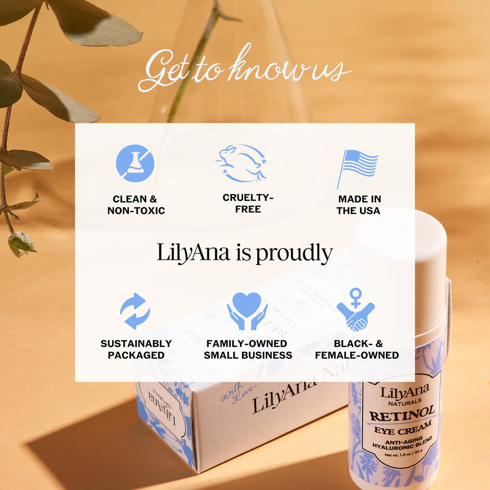 LilyAna Naturals Eye Cream packaging label shows 1 oz size for daily use.