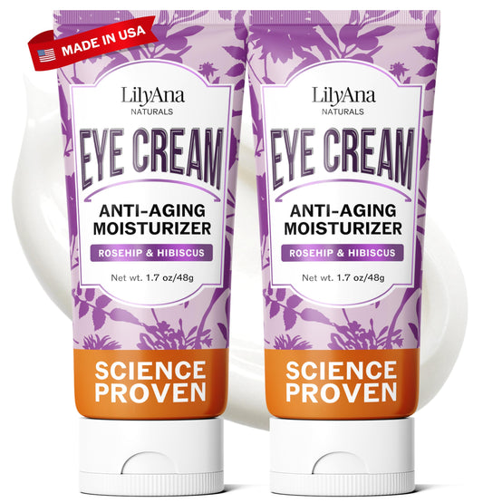 LilyAna Naturals Eye Cream bottle closeup for hydrated, refreshed under-eye skin.