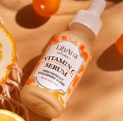 LilyAna Naturals hyaluronic acid serum bottle closeup showing hydrating skin boost