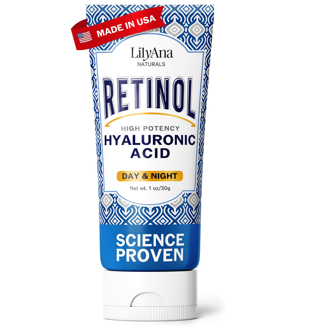 LilyAna Naturals retinol face cream tube close-up showing smooth texture and anti-aging benefits