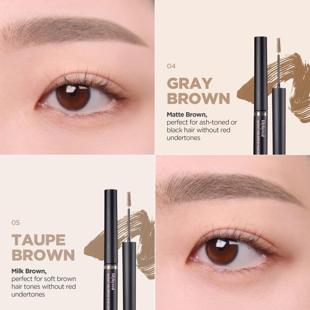 Lilybyred Skinny Mes Brow Mascara long-lasting color resists oils for extended wear.