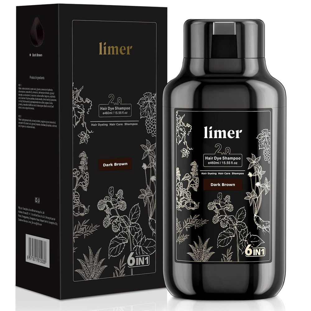 Limer Hair Dye Shampoo in a dark brown bottle delivering natural gray coverage