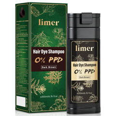 Limer Hair Dye Shampoo dark brown bottle showing gentle, PPD-free formula for sensitive scalps.
