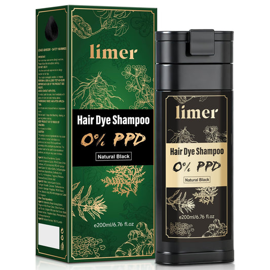Limer Hair Dye Shampoo bottle showing natural black color with gentle formula for sensitive scalps