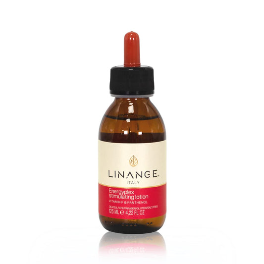 Linange Energyplex Stimulating Lotion bottle on a clean shelf, supports scalp vitality.