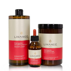 Linange Energyplex stimulating lotion bottle with user applying to thinning areas.