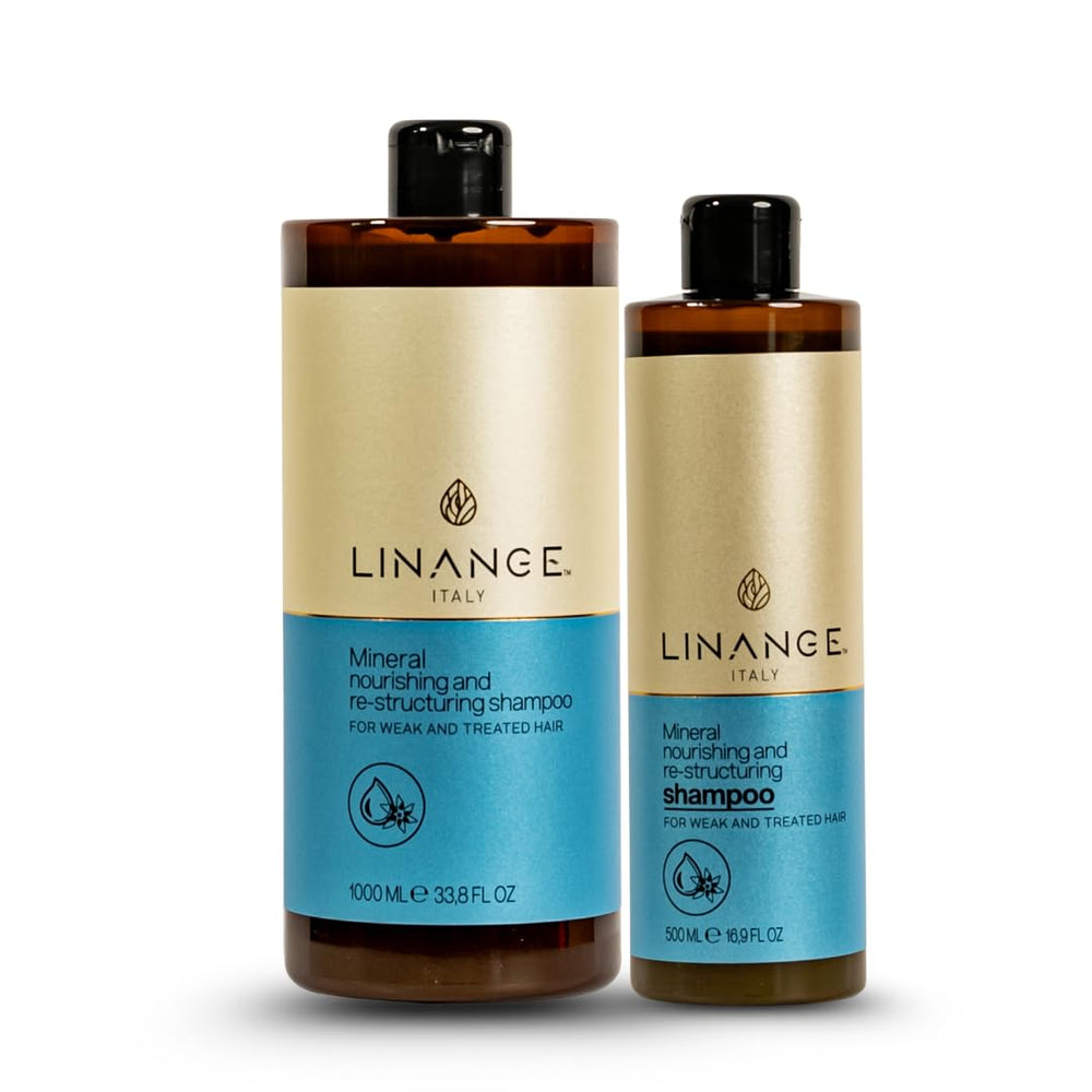 Linange Mineral Nourishing Shampoo before-after image suggests transformation in damaged hair.