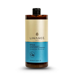 Linange Mineral Nourishing Shampoo bottle highlights almond proteins for stronger, healthier hair.