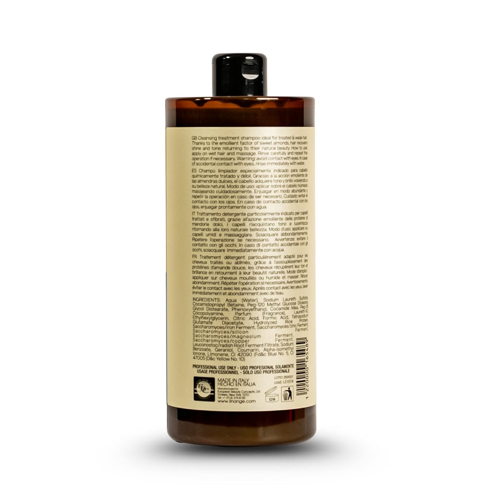Linange Mineral Nourishing Shampoo label closeup emphasizes natural ingredients and premium care.