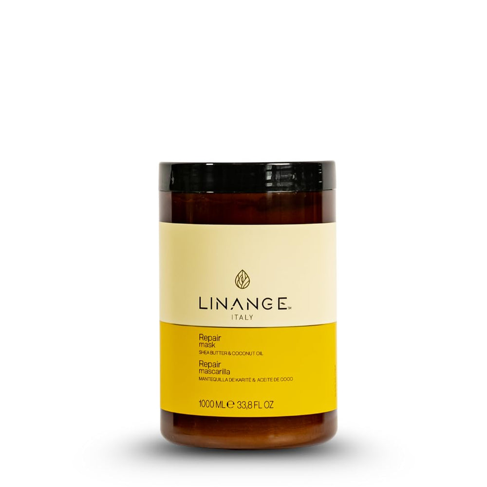 LINANGE Repair Mask jar highlights deep conditioning for glossy, healthy-looking hair.