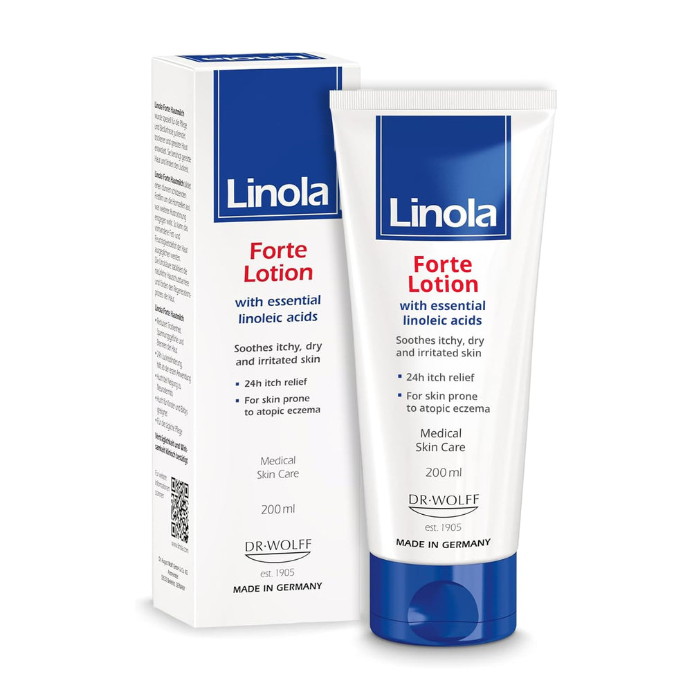 Creamy Linola Forte Lotion texture close-up highlighting non-greasy nourishment.