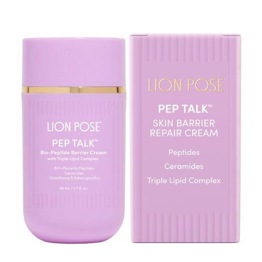 LION POSE Pep Talk packaging highlights barrier repair for sensitive skin.