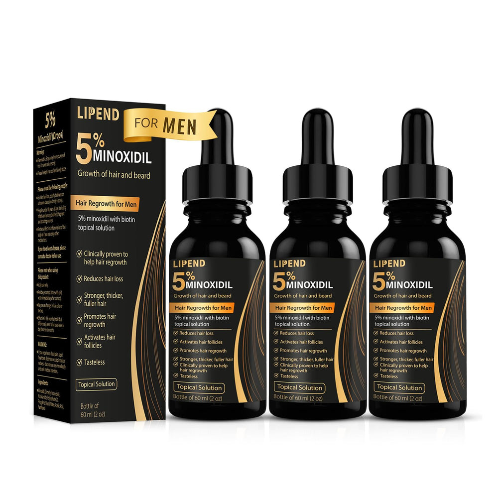 LIPEND 5% Minoxidil bottle pour highlights precise scalp application for potential growth support.