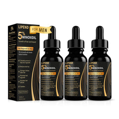 LIPEND 5% Minoxidil bottle pour highlights precise scalp application for potential growth support.