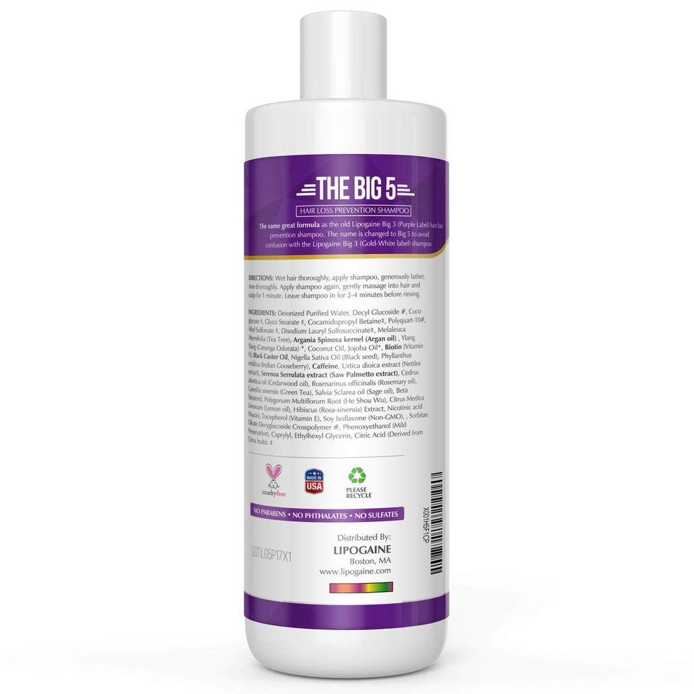 Lipogaine Big 5 shampoo bottle side view highlighting natural, no harsh chemicals.