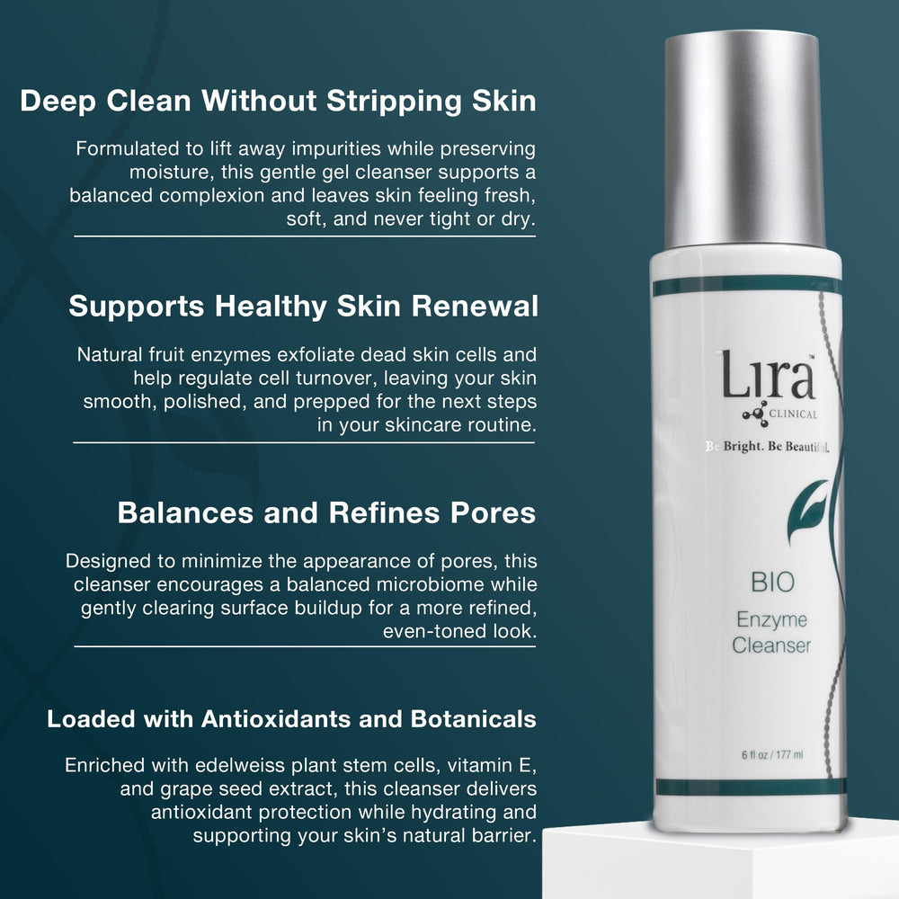 Lira Clinical BIO Enzyme Cleanser daily resurfacing with enzyme gel texture supports smooth skin.