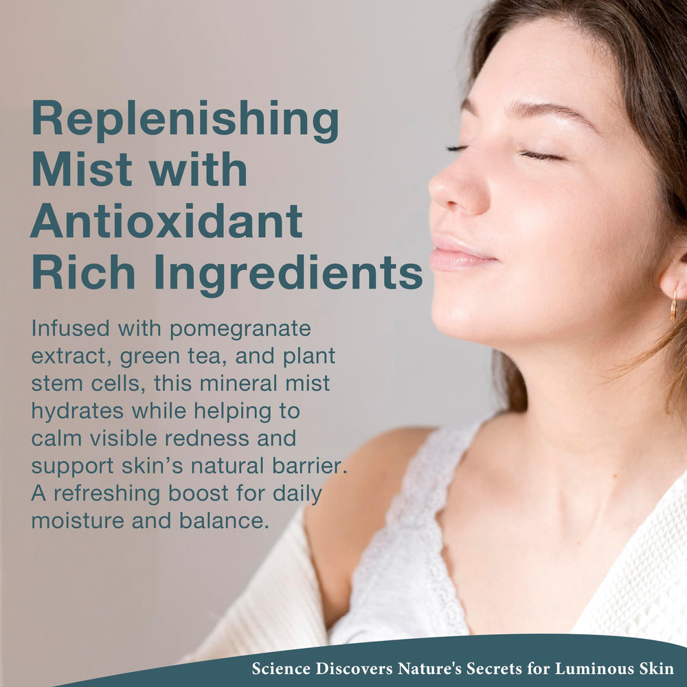 Close-up of Lira Clinical BIO Hydrating Mineral Mist highlighting gold and silver minerals.