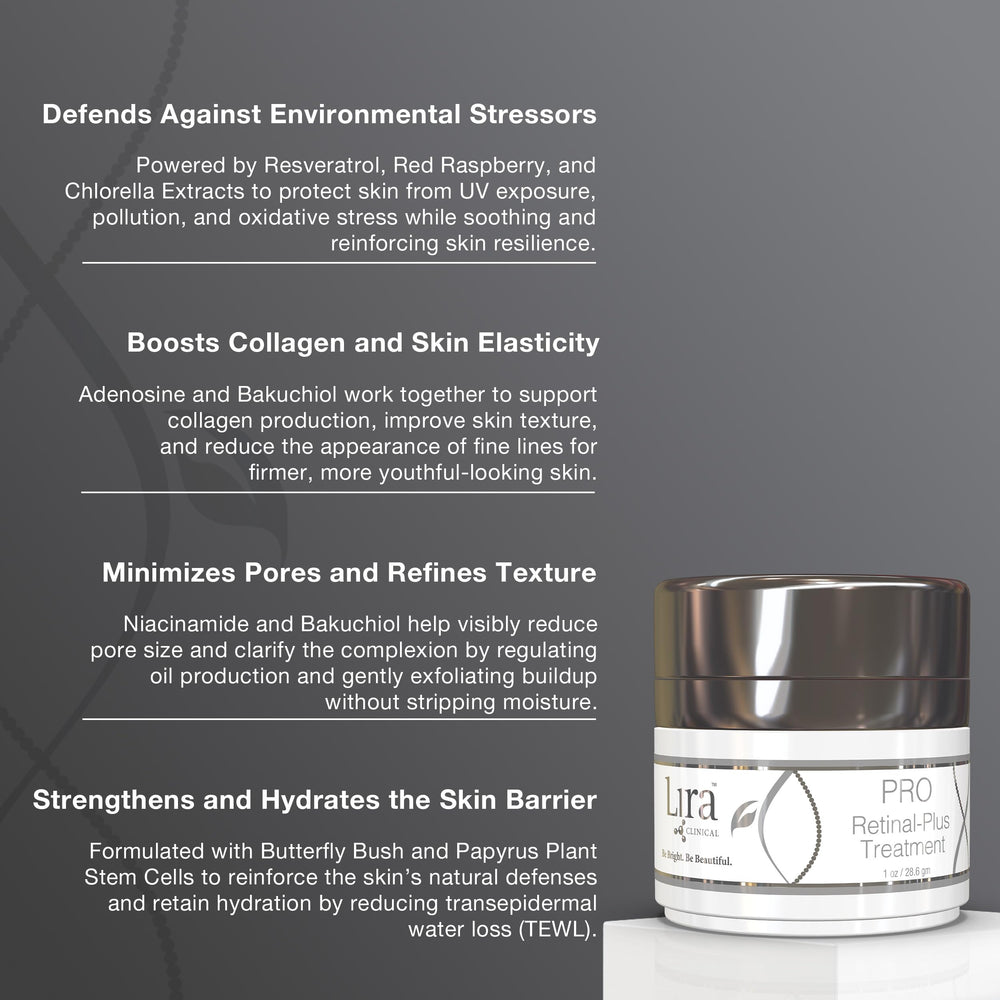 Lira Clinical PRO Retinal-Plus cream swirl highlights rich texture ideal for hydration and exfoliation.