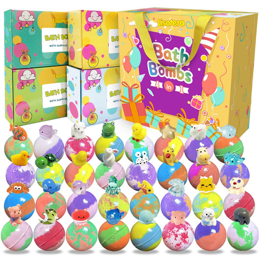 Lisotera bath bombs with surprise inside packaging showing vibrant colors for kids' bath time.